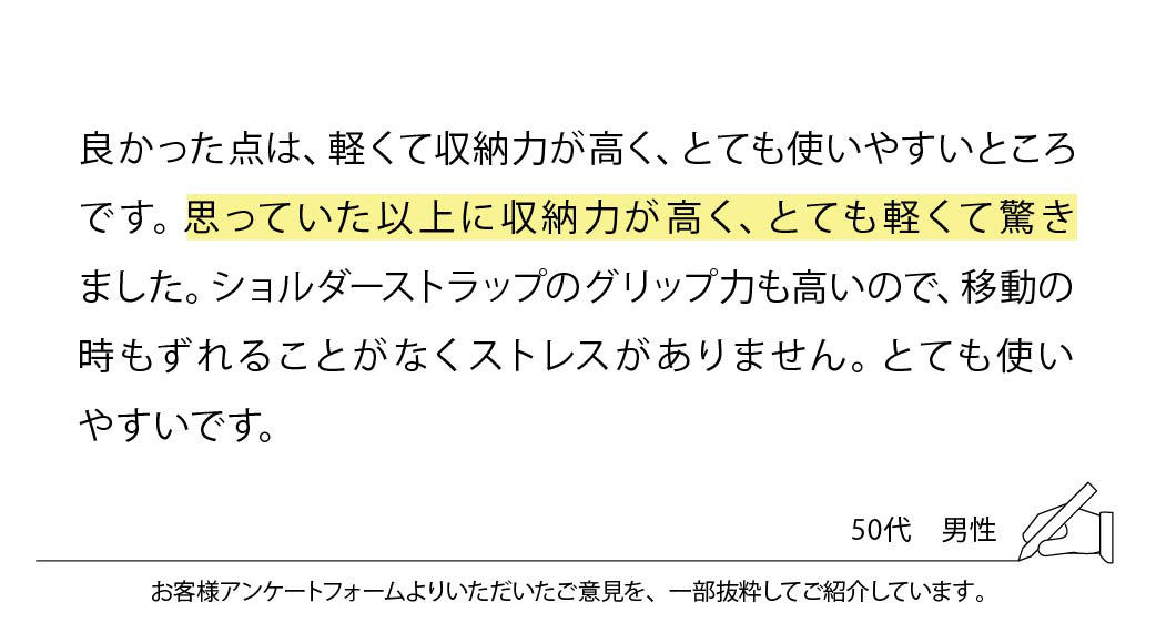 良かった点は、軽くて収納力が高く、とても使いやすいところです。思っていた以上に収納力が高く、とても軽くて驚きました。ショルダーストラップのグリップ力も高いので、移動の時もずれることがなくストレスがありません。とても使いやすいです。