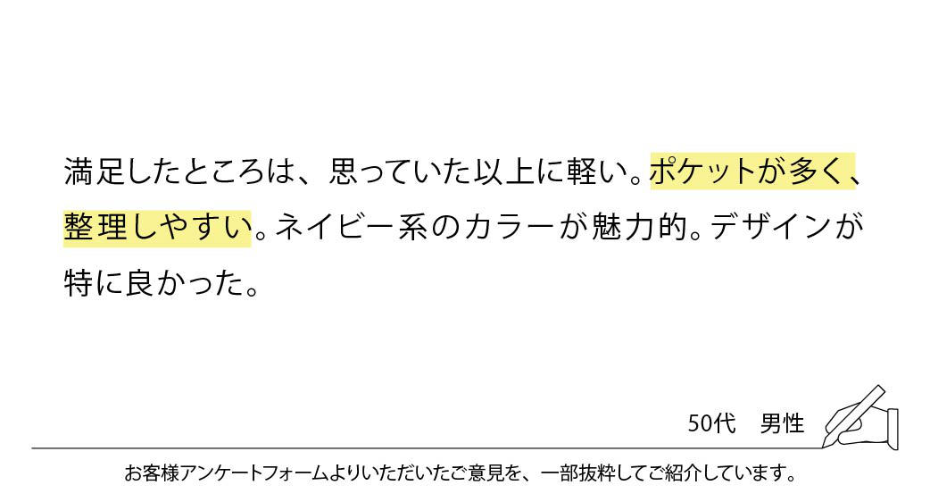 満足したところは、思っていた以上に軽い。ポケットが多く、整理しやすい。ネイビー系のカラーが魅力的。デザインが特に良かった。